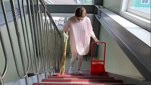 Hot Korean Girl part time - Cleaning offices and stairs in short shorts No bra fine Movies